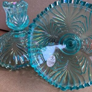 Fenton Aqua Blue Iridescent Carnival Glass Candle Holder